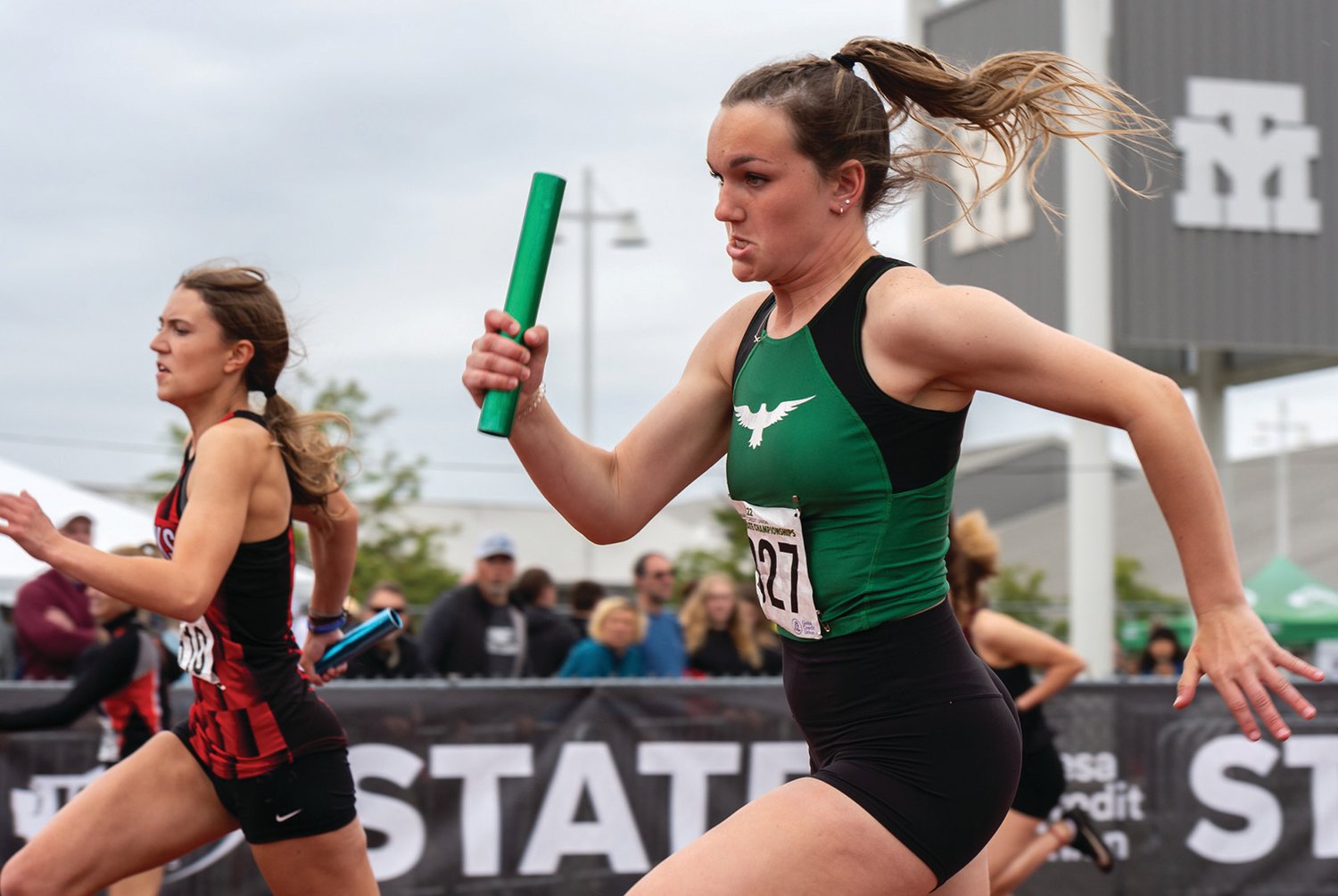 Tumwater's Mariah Jett runs the opening leg in the 2A Girls 4x200 preliminary at the 2A/3A/4A State Track and Field Championships on Thursday, May 26, 2022, at Mount Tahoma High School in Tacoma. (Joshua Hart/For The Chronicle)